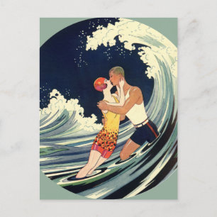 Vintage Art Deco Älskare Kiss Bröllop spara datum Meddelande Vykort