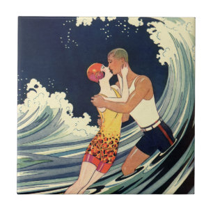 Vintage Art Deco Älskare Kiss i Vågar vid Beach Kakelplatta