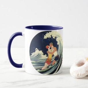 Vintage Art Deco Älskare Kiss i Vågar vid Beach Mugg