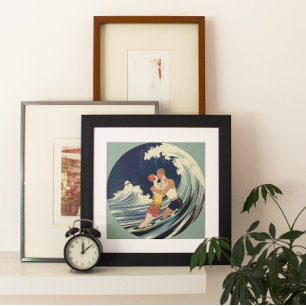Vintage Art Deco Älskare Kiss i Vågar vid Beach Poster
