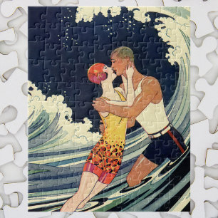 Vintage Art Deco Älskare Kiss i Vågar vid Beach Pussel