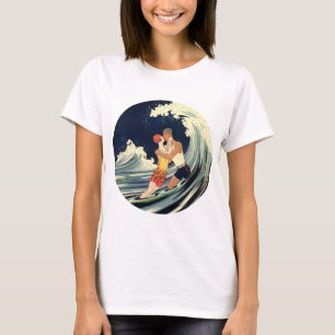 Vintage Art Deco Älskare Kiss i Vågar vid Beach T Shirt