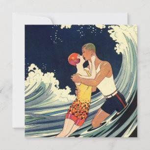 Vintage Art Deco, Älskare Kiss på Beach Wedding Inbjudningar