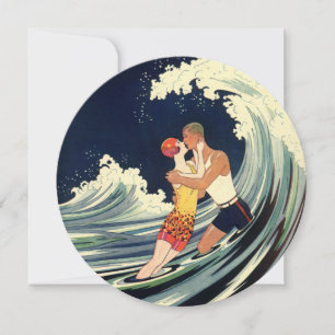 Vintage Art Deco, Älskare Kiss på Beach Wedding Inbjudningar