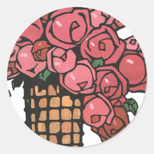 Vintage Art Deco-blommor, rosa trädgårdsrosor Runt Klistermärke