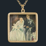 Vintage Art Deco Bröllop Bride och Groom Newlyweds Guldpläterat Halsband<br><div class="desc">Vintage illustration av kärlek och romantik art deco-bilden med en brud och en groom som går nedåt i Aisle efter ceremonin i bröllop. Mannen bär en tuxedo och kvinnan bär en vit bröllop-gryna och bär en bukett med calla-blommor. Det nygifta paret i lycklig startar sin giftermål.</div>