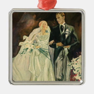 Vintage Art Deco Bröllop Bride och Groom Newlyweds Julgransprydnad Metall