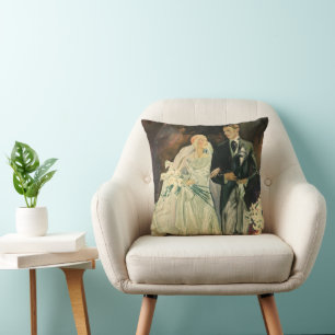 Vintage Art Deco Bröllop Bride och Groom Newlyweds Kudde