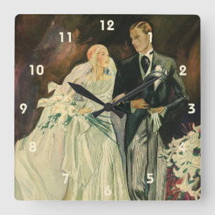 Vintage Art Deco Bröllop Brud och Brudgum Nygifta Fyrkantig Klocka