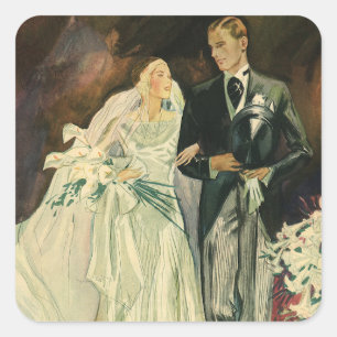 Vintage Art Deco Bröllop Brud och Brudgum Nygifta Fyrkantigt Klistermärke