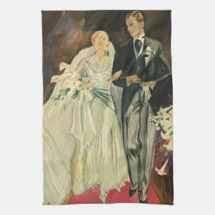Vintage Art Deco Bröllop Brud och Brudgum Nygifta Kökshandduk