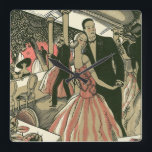 Vintage Art Deco Bröllop, Newlyweds First Dance Fyrkantig Klocka<br><div class="desc">Vintage illustration av kärlek och romantik art deco-design med ett nyligen påträffat par klädda i formell stämning som dansar på bröllopsmottagningen. Den vackra bruden finns i en elegant kväll-klänning med ömtåliga blommor av rosa blommigt och den stiliga brudgummen finns i en tuxedo kostym.</div>