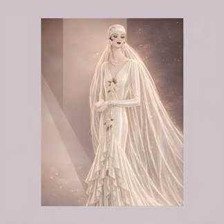 Vintage Art Deco bröllopsmodeillustration Vykort