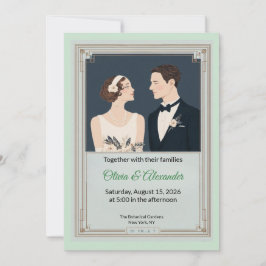 Vintage Art Deco Couple Wedding Invitation Kort