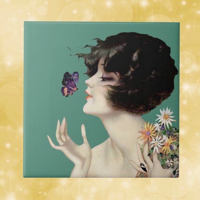 Vintage Art Deco Dam Butterfly Söt Flowers Kakelplatta (1920's lady holding bouquet of daisies with purple butterfly on mint green decorative ceramic tile.)