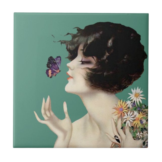 Vintage Art Deco Dam Butterfly Söt Flowers Kakelplatta (Framsidan)