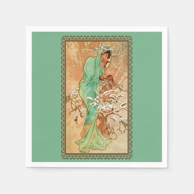 Vintage Art Deco Dam Grönt Golden Träd Pappersservett (Framsidan)