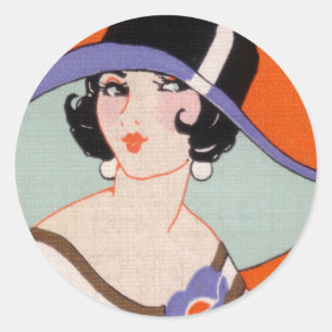VINTAGE ART DECO DAM MED HAT STICKARE 6 RUNT KLISTERMÄRKE