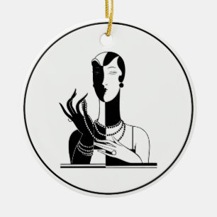 Vintage Art Deco Dam med pärlor Svart Transp Julgransprydnad Keramik