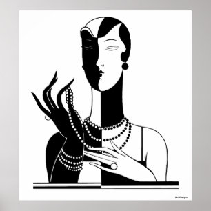 Vintage Art Deco Dam med pärlor Svart Transp Poster