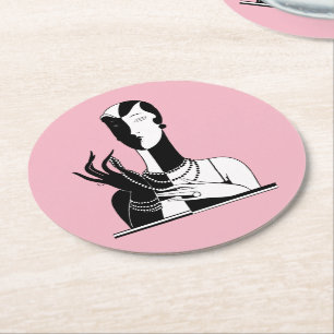 Vintage Art Deco Dam med pärlvitt Underlägg Papper Rund