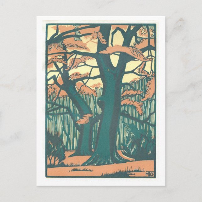 Vintage Art Deco-fall/Träd hösten Vykort (Framsida)