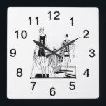 Vintage Art Deco Fashionable Dam vid stranden Fyrkantig Klocka<br><div class="desc">Vintage Art Deco Fashionable Dam vid Beach-Anpassadets inbjudningar och tillbehör med en stiliserad vintage-konsthavande bild av en moderiktig 1920-talskvinna på badplatsen i kostym på stranden. Observera att detta är en grafisk design och inte innehåller några egentliga tyger,  metall,  etsning eller prägling. 2017 ©MyPartyUtformar alla höger reserverade</div>