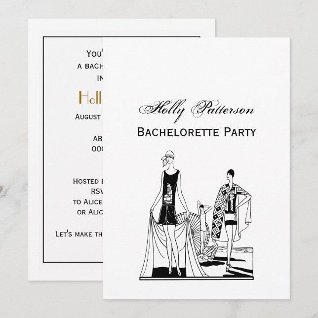 Vintage Art Deco Fashionable Dam vid stranden Inbjudningar (Fram/baksida)