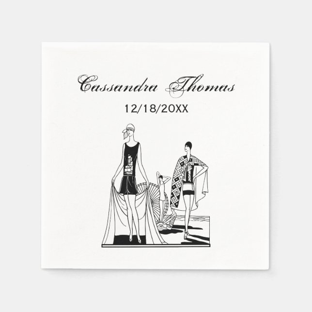 Vintage Art Deco Fashionable Dam vid stranden Pappersservett (Framsidan)