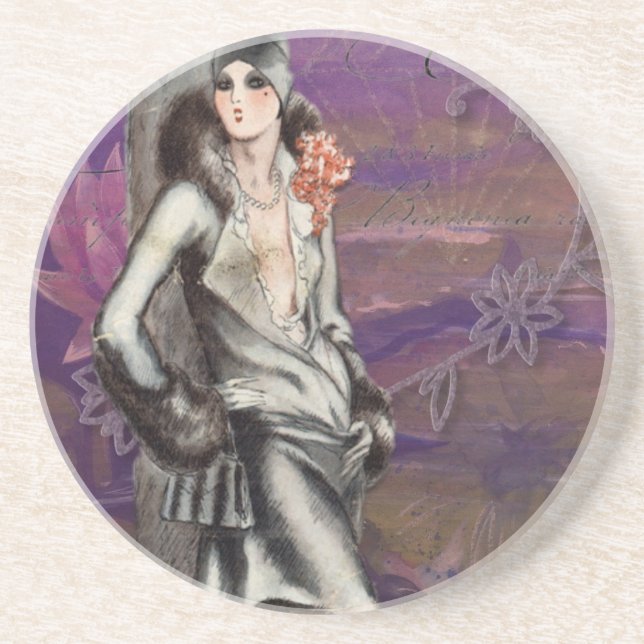 Vintage Art Deco Flapper Dam Design Underlägg Sandsten (Framsidan)