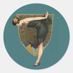 Vintage Art Deco Flapper med Påfågel Runt Klistermärke