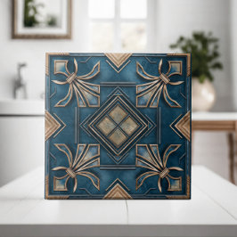 Vintage Art Deco Fleur-de-lis - Blue och Guld Kakelplatta