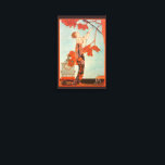 Vintage Art Deco, Flighty Bird av George Barbier Canvastryck<br><div class="desc">Vintage illustration konst deco-bild med en vacker kvinna i mode som bär en blommigt blomma med sin husfågel med långa fjädrar från svan i träd. En tom bur som fågeln rymde från finns på marken bredvid den glamorala dam. Flighty Bird (L'Oiseau Volage) av konstnären George Barbier,  1914.</div>