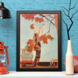 Vintage Art Deco, Flighty Bird av George Barbier Poster<br><div class="desc">Vintage illustration konst deco-bild med en vacker kvinna i mode som bär en blommigt blomma med sin husfågel med långa fjädrar från svan i träd. En tom bur som fågeln rymde från finns på marken bredvid den glamorala dam. Flighty Bird (L'Oiseau Volage) av konstnären George Barbier,  1914.</div>