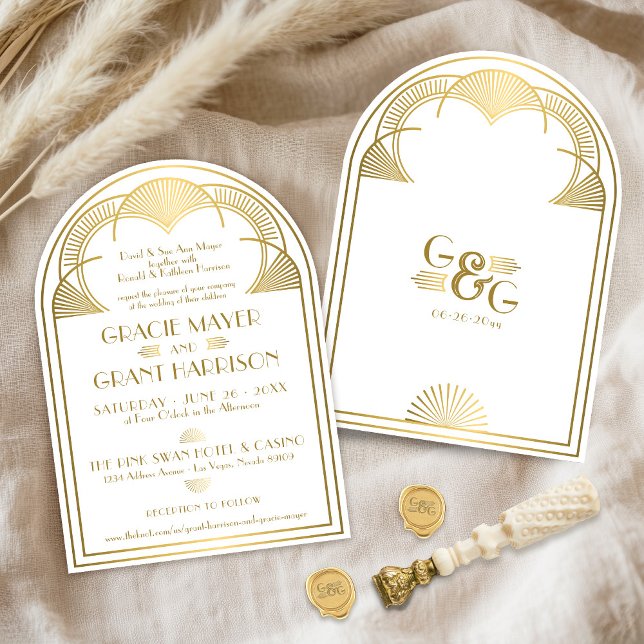 Vintage Art Deco Guld Unik monogram Arch Bröllop Inbjudningar (Retro gold Art Deco unique old hollywood money glamour arch 20's 30's vintage wedding invitation)