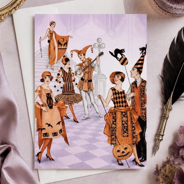 Vintage Art Deco Halloween-festillustration Vykort (Skapare uppladdad)