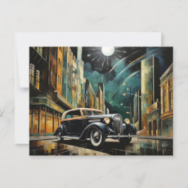 Vintage Art Deco-Inspirerad Bil Under Månljus Vykort