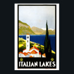 Vintage Art Deco Italiana Sjöar Travel Turism Poster<br><div class="desc">Detta är en digitalt utökad utskrift av en reseturism i Art Deco "Italienska Sjöar" från 1930 poster att visa sjö och berg,  med ringningen torn i en kyrka i förgrunden.</div>