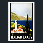 Vintage Art Deco Italiana Sjöar Travel Turism Poster<br><div class="desc">Detta är en digitalt utökad utskrift av en reseturism i Art Deco "Italienska Sjöar" från 1930 poster att visa sjö och berg,  med ringningen torn i en kyrka i förgrunden.</div>
