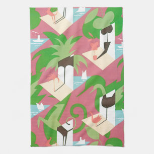 Vintage Art Deco Jazz Pochoir Palmträd och Fåglar Kökshandduk