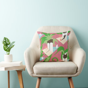 Vintage Art Deco Jazz Pochoir Palmträd och Fåglar Kudde