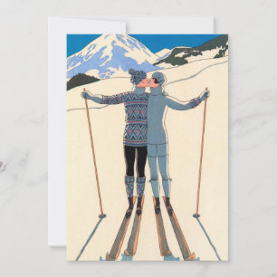 Vintage Art Deco Kärlek Kiss Skis Snö Spara datum Datumet