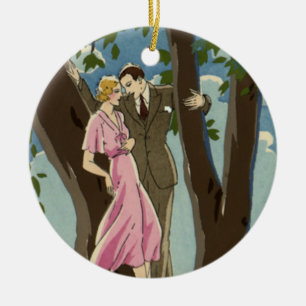 Vintage Art Deco Kärlek och Romantik Nygifta Par Julgransprydnad Keramik