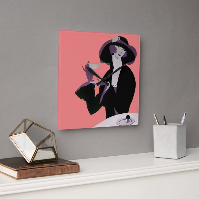 Vintage Art Deco Kvinna, Eftermiddagste och Cupcak Fyrkantig Klocka (Kontor)