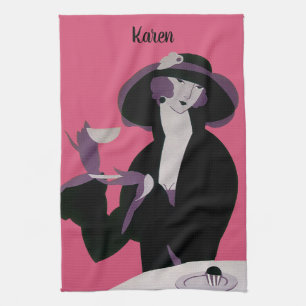 Vintage Art Deco Kvinna, Eftermiddagste och Cupcak Kökshandduk