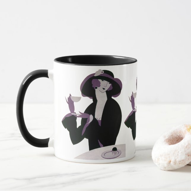 Vintage Art Deco Kvinna, Eftermiddagste och Cupcak Mugg (Med munk)