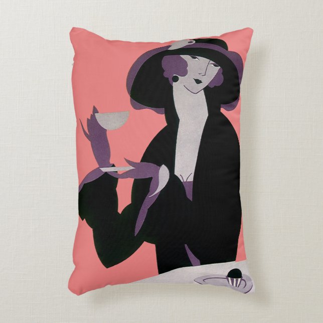 Vintage Art Deco Kvinna, Eftermiddagste och Cupcak Prydnadskudde (Framsidan(Vertikal))
