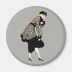 Vintage Art Deco-kvinna i jacka med leopardtryck Magnet