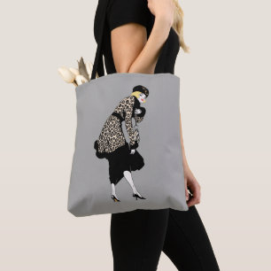 Vintage Art Deco-kvinna i jacka med leopardtryck Tygkasse