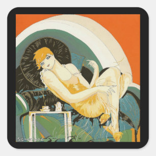 Vintage Art Deco Kvinna Liggande på soffa, Chompre Fyrkantigt Klistermärke